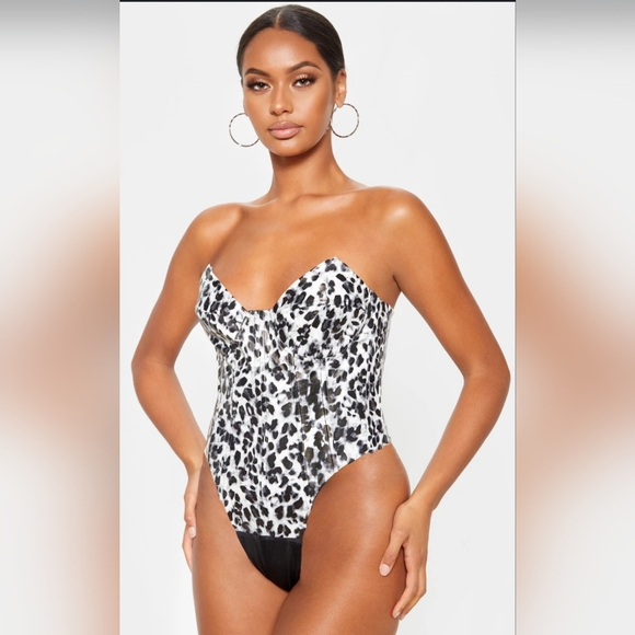 PrettyLittleThing Tops - PRETTY LITTLE THING Leopard Faux leather strapless Body Suit | New !